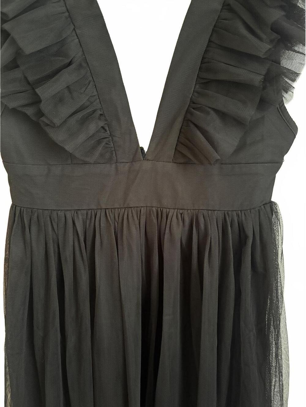 Lulus | NWT Simply Delighted Black Deep V Mesh Ruffle Backless Maxi Dress Size S - Picture 5 of 9